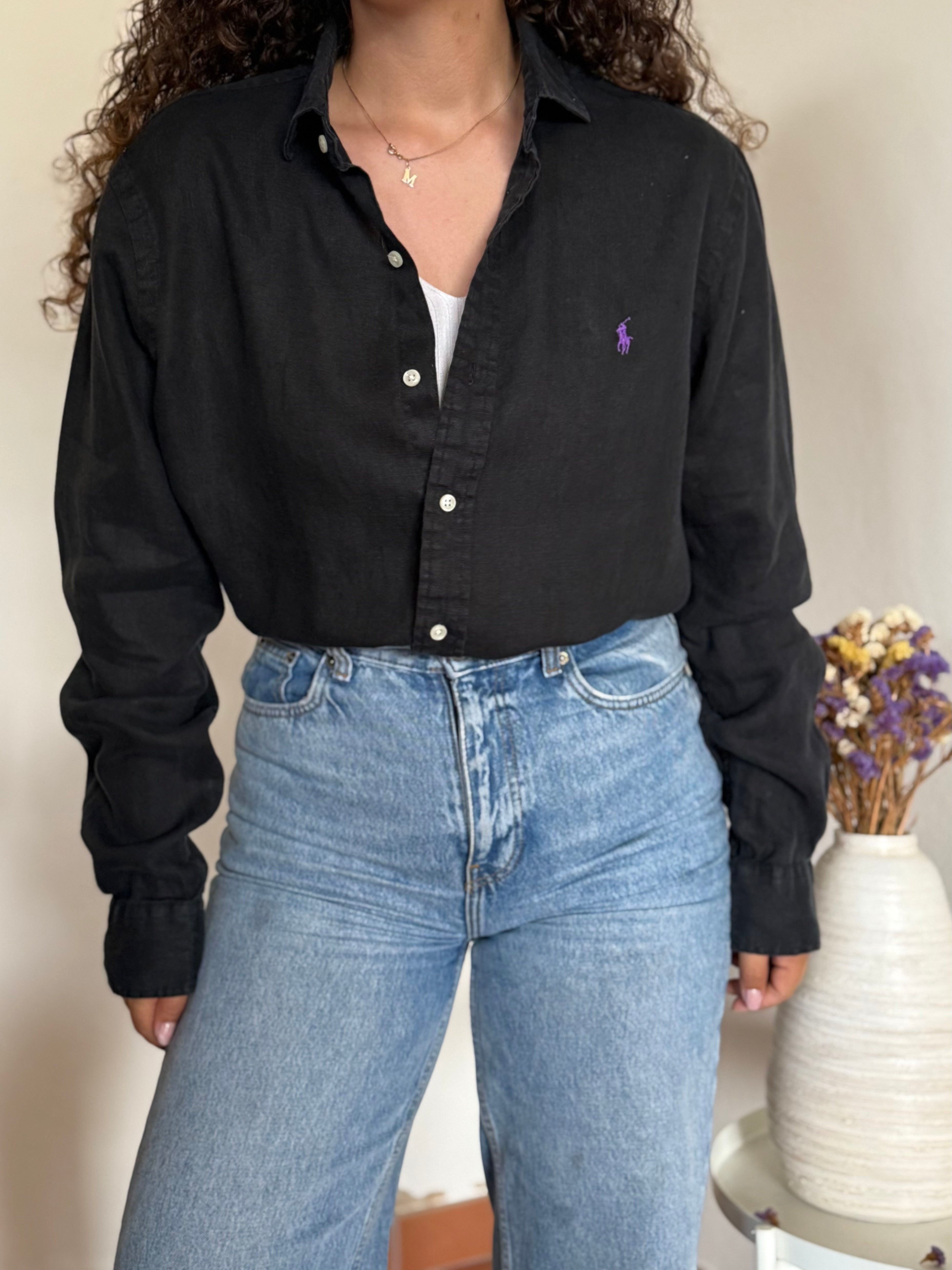 Camisa Polo Ralph Lauren em Linho – Preta (M)