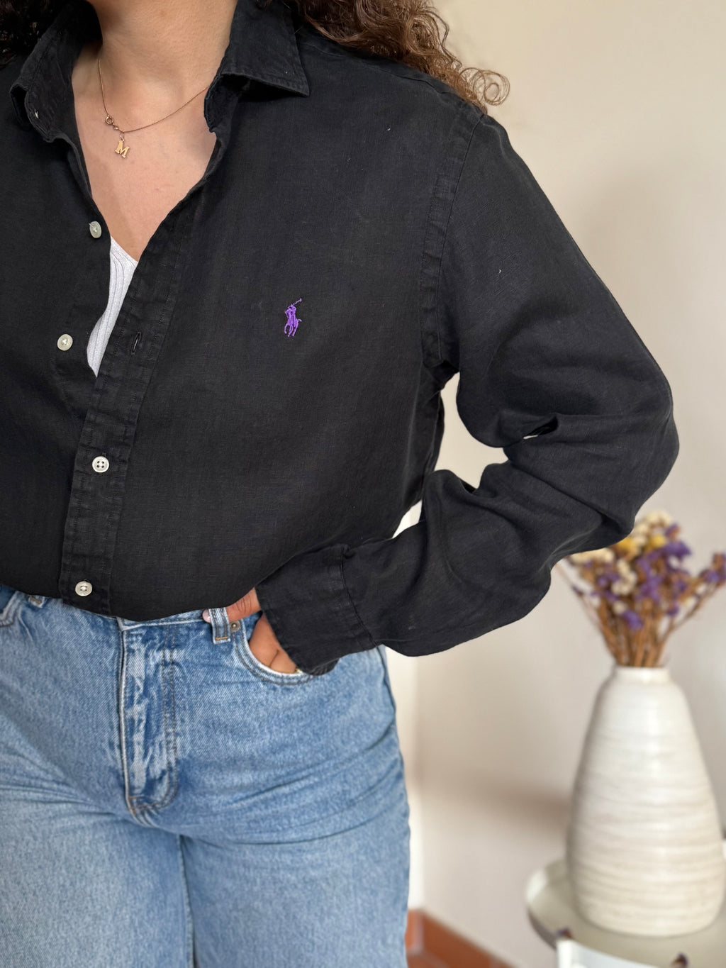 Camisa Polo Ralph Lauren em Linho – Preta (M)