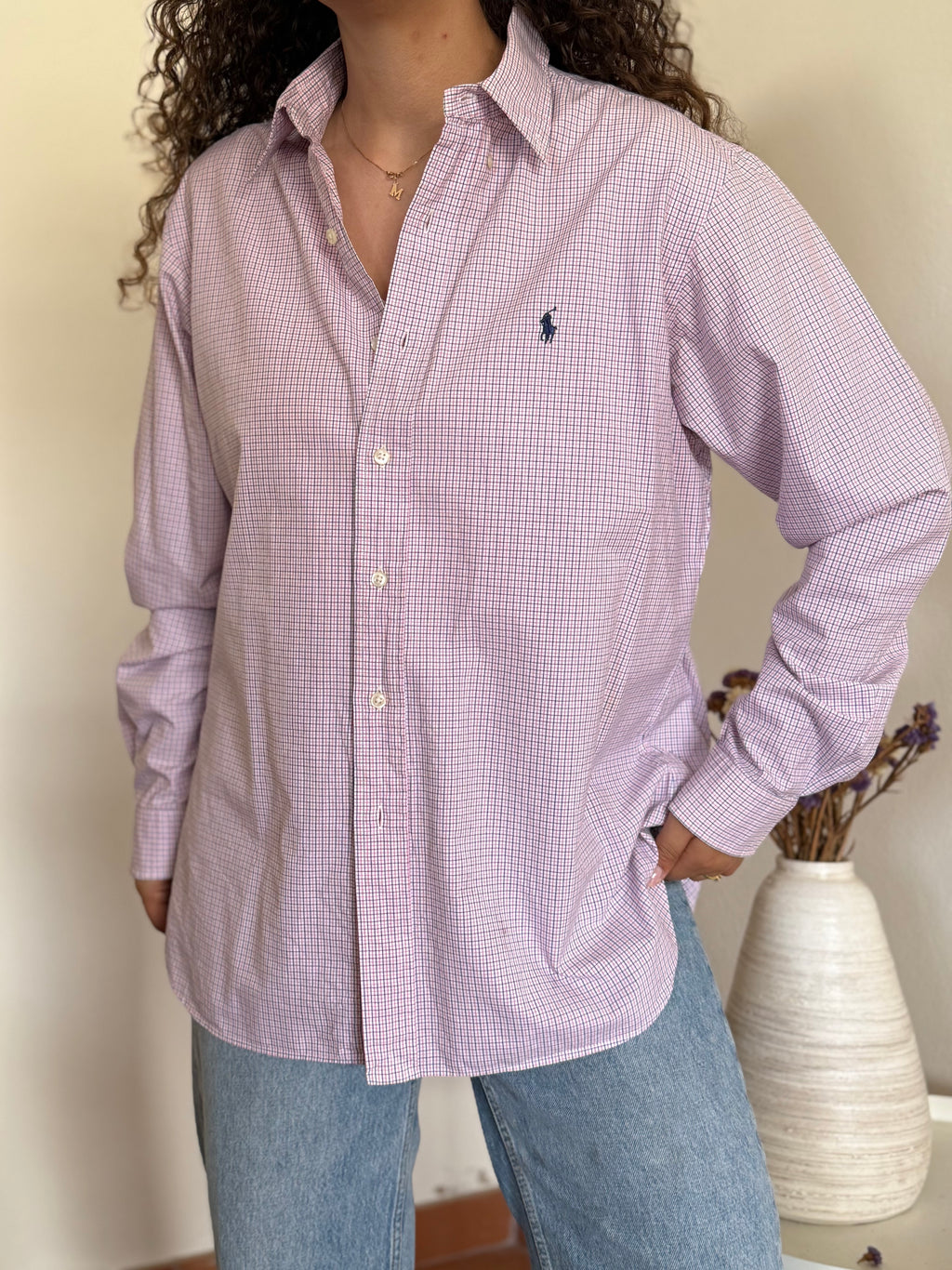 Camisa Polo Ralph Lauren Custom Fit em Algodão – Xadrez Rosa e Azul (Tam. 16 ½)