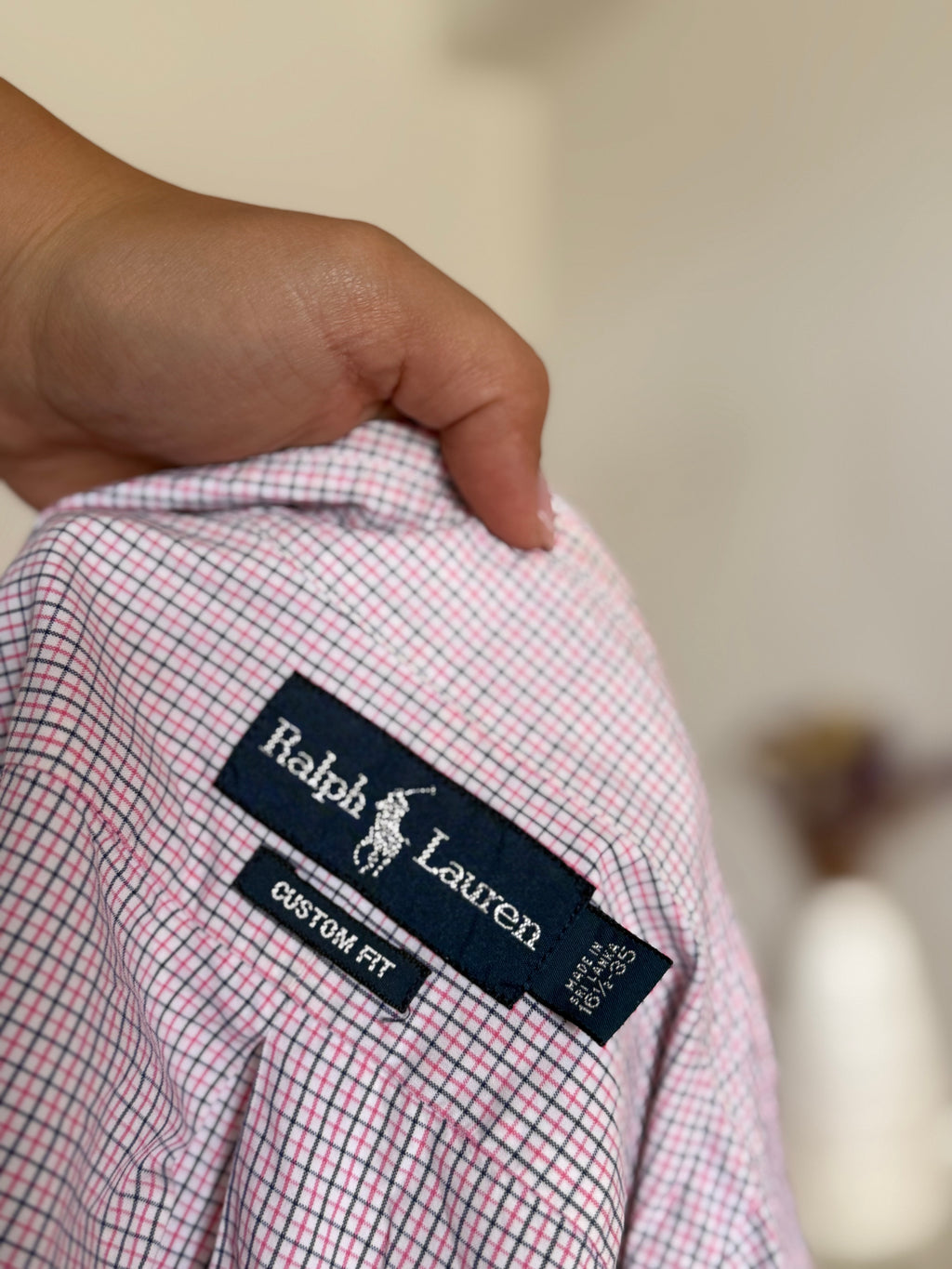 Camisa Polo Ralph Lauren Custom Fit em Algodão – Xadrez Rosa e Azul (Tam. 16 ½)