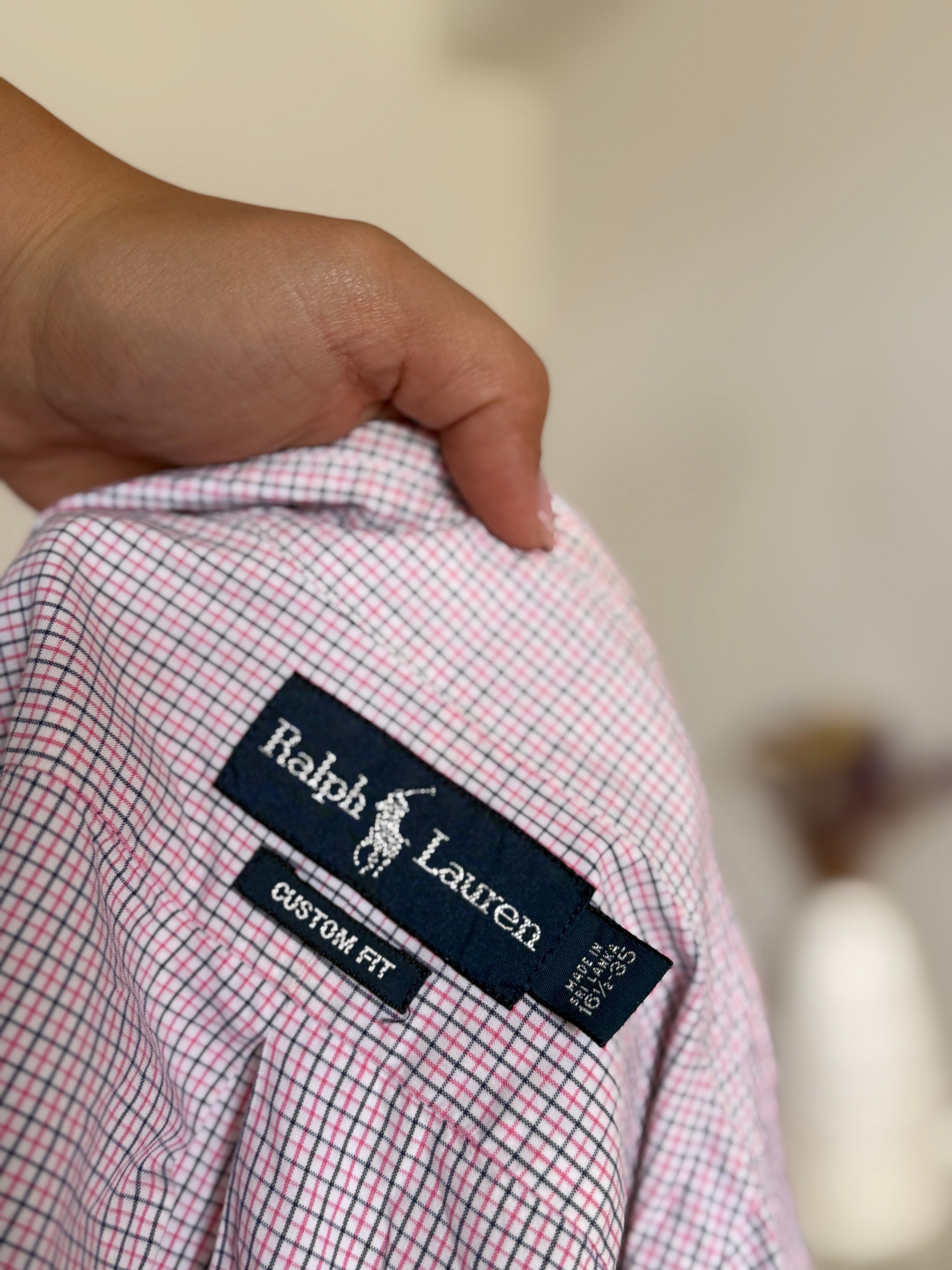 Camisa Polo Ralph Lauren Custom Fit em Algodão – Xadrez Rosa e Azul (Tam. 16 ½)