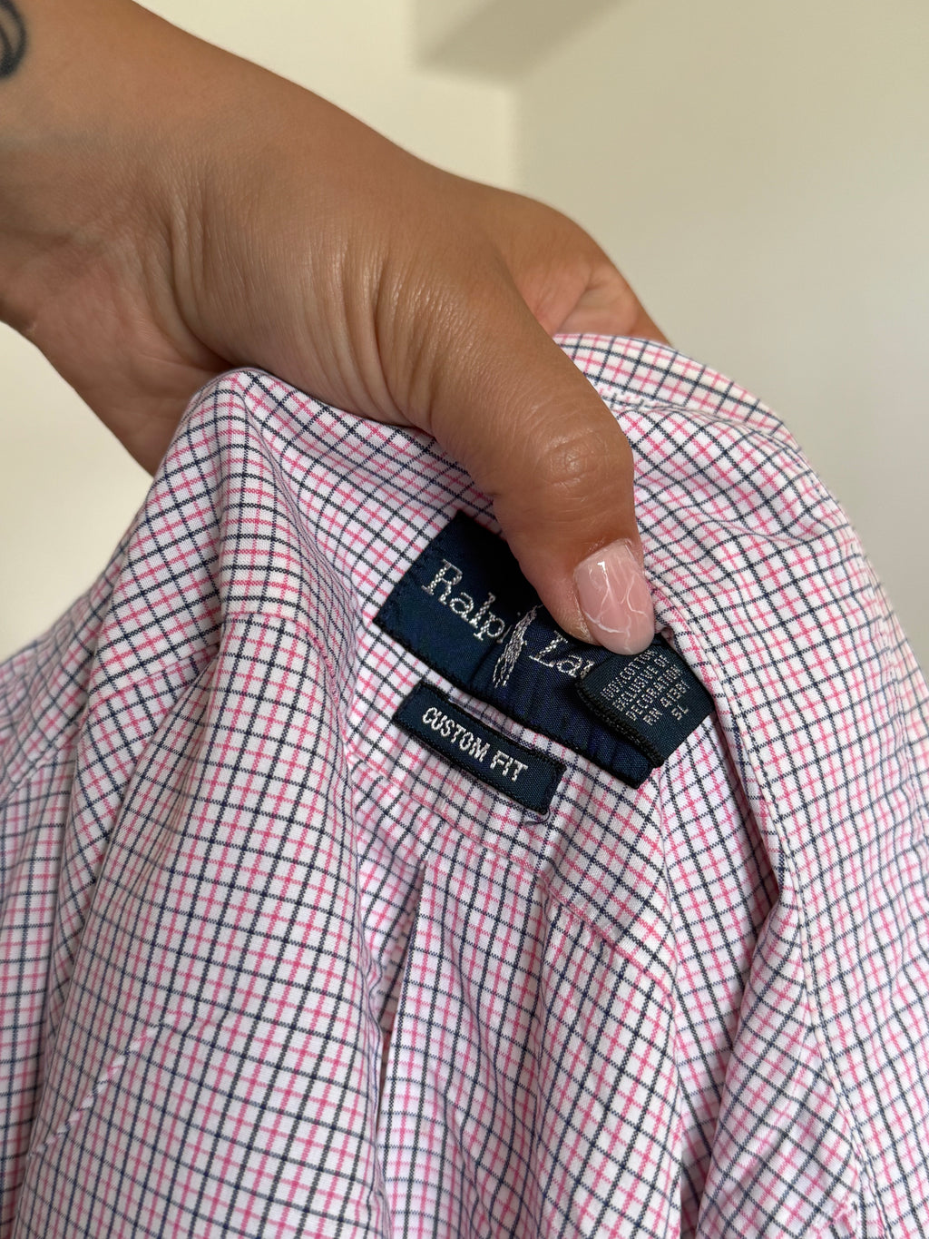 Camisa Polo Ralph Lauren Custom Fit em Algodão – Xadrez Rosa e Azul (Tam. 16 ½)