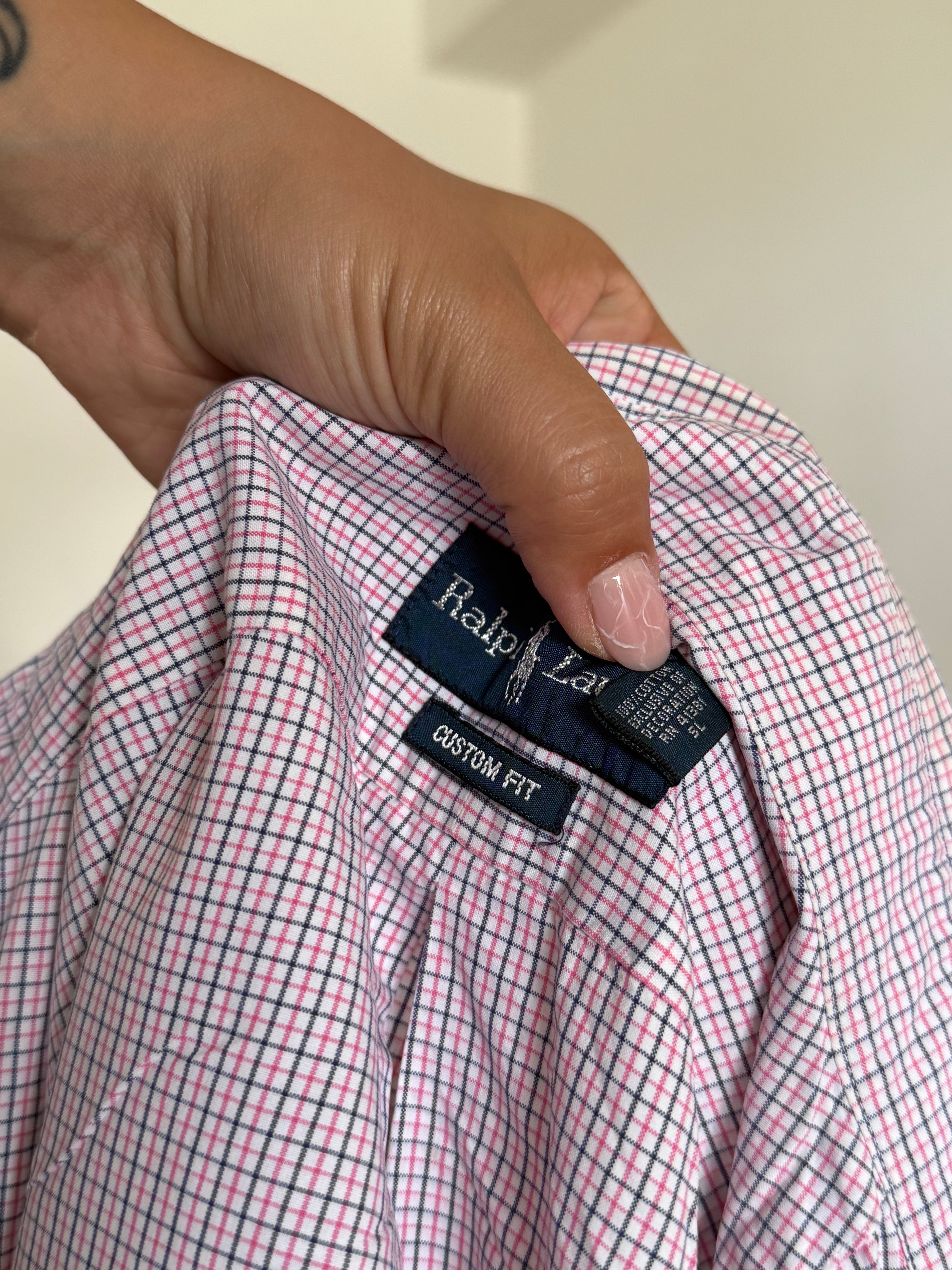 Camisa Polo Ralph Lauren Custom Fit em Algodão – Xadrez Rosa e Azul (Tam. 16 ½)