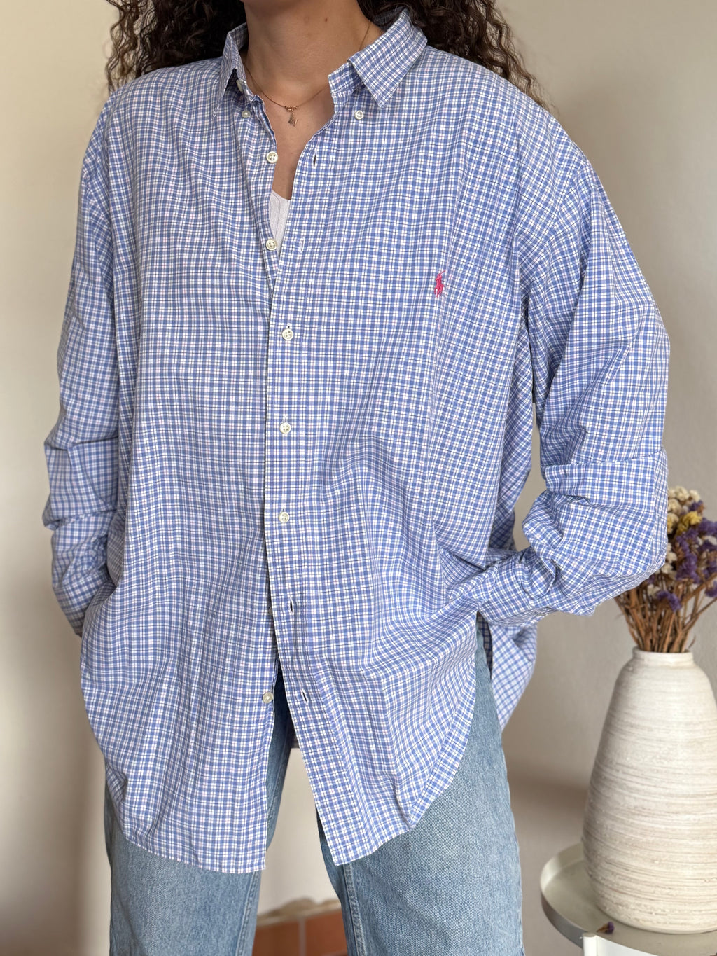 Camisa Polo Ralph Lauren "Big" em Algodão – Azul com Logo Rosa (Tam. 3XB)