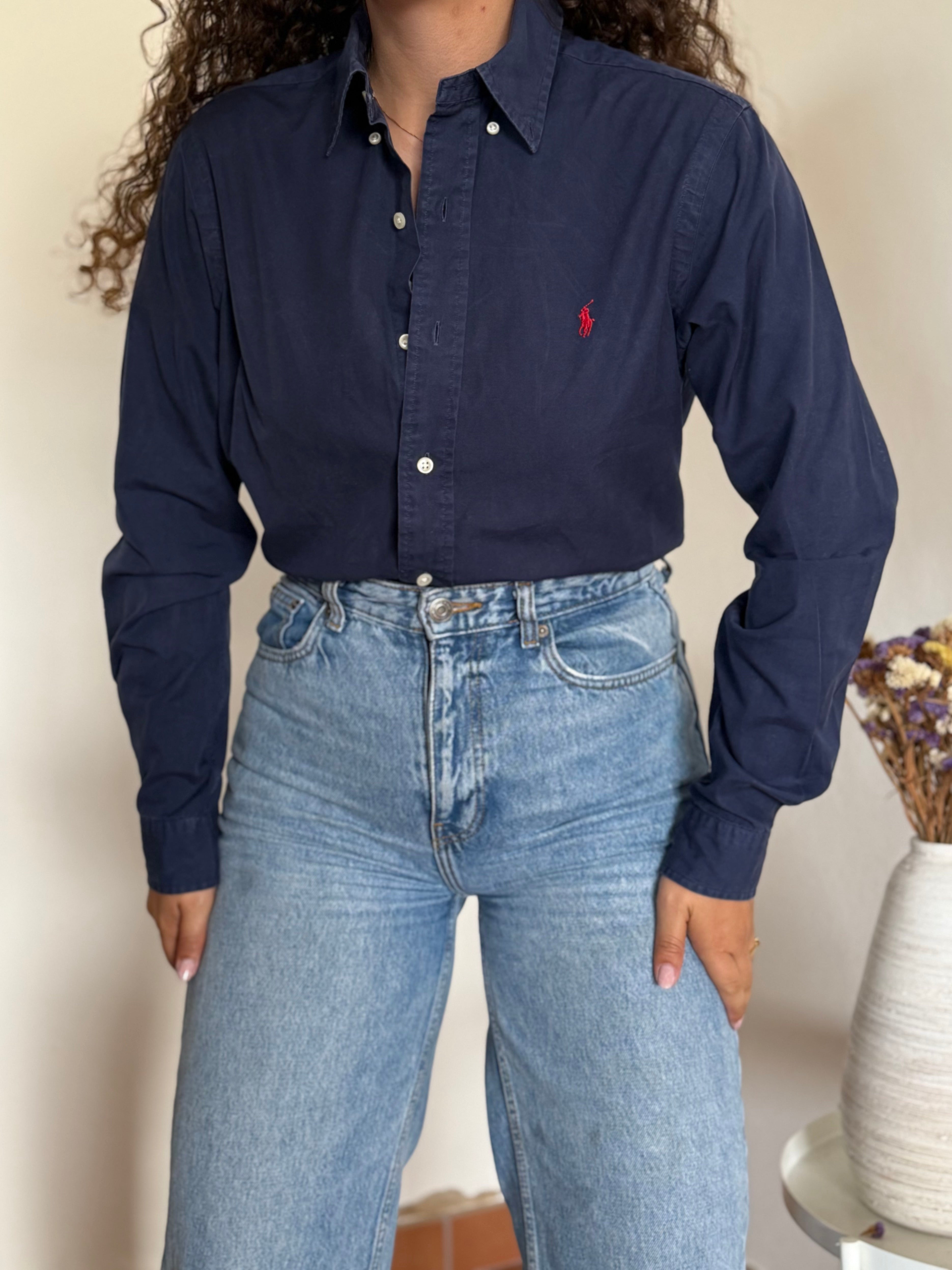 Camisa Polo Ralph Lauren Custom Fit em Algodão – Azul c/ Logo Vermelho (S)