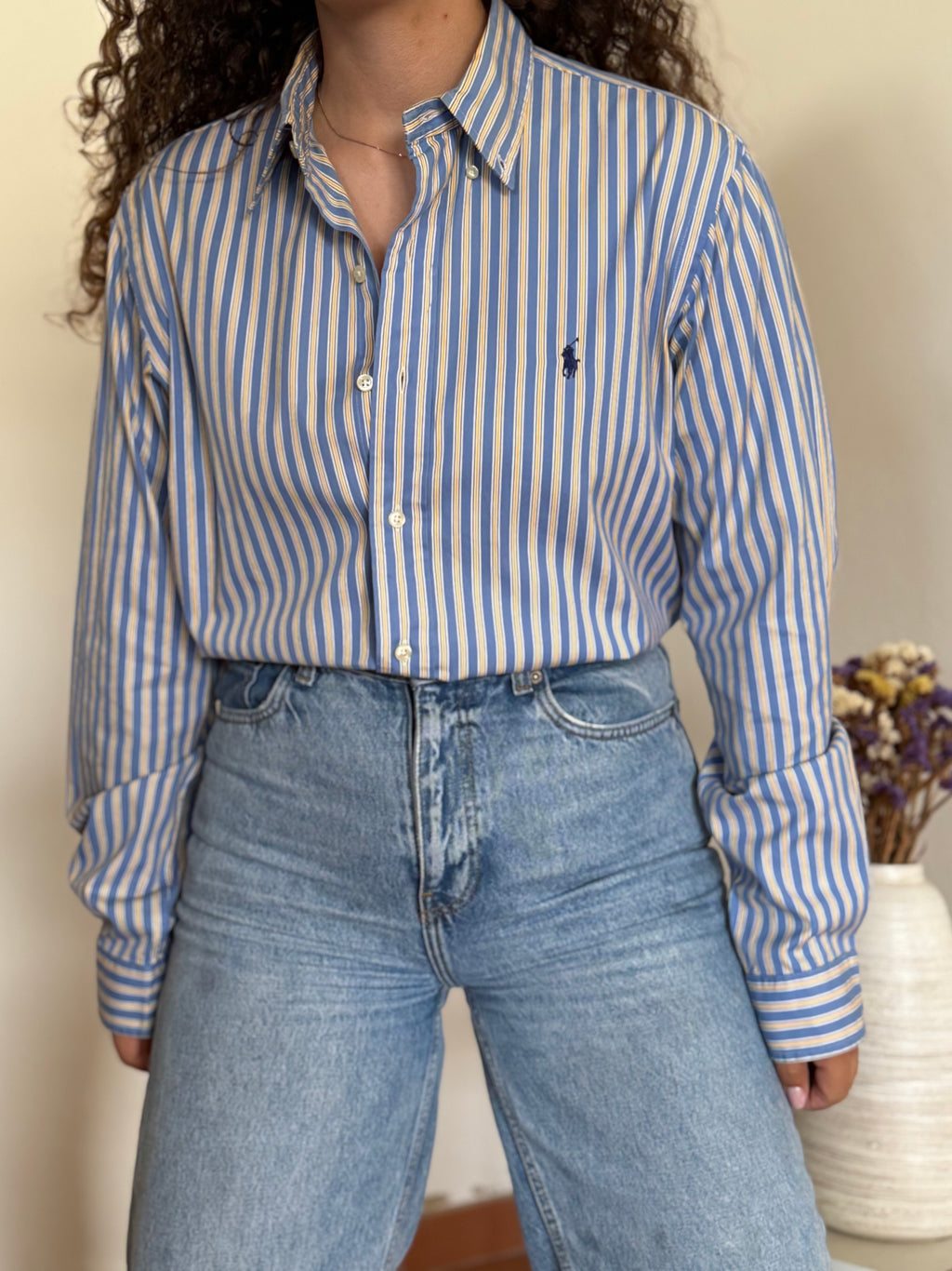 Camisa Polo Ralph Lauren Custom Fit Dress Shirt – Riscas Amarelas e Azuis (Tam. 15 ½ / M)