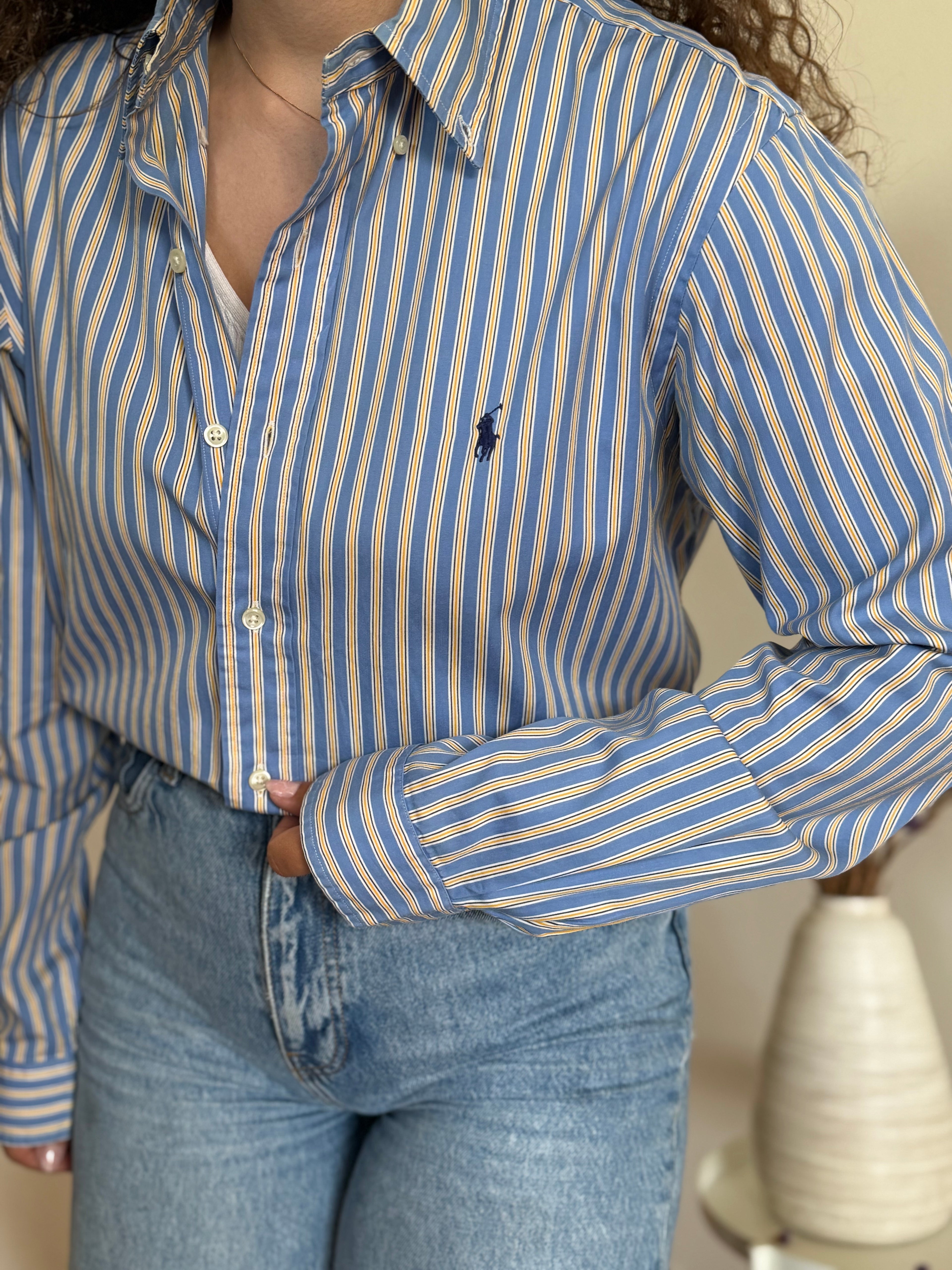 Camisa Polo Ralph Lauren Custom Fit Dress Shirt – Riscas Amarelas e Azuis (Tam. 15 ½ / M)